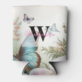 Monogram name Tropical flowers leaves watercolor  Can Cooler