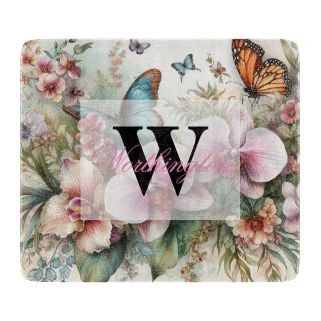 Monogram name Tropical flowers leaves watercolor  Cutting Board (Front)