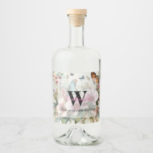 Monogram name Tropical flowers leaves watercolor  Liquor Bottle Label