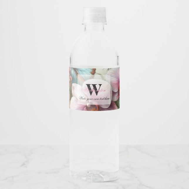 Monogram name Tropical flowers leaves watercolor  Water Bottle Label (Front)