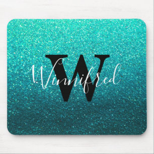 Monogram Name Turquoise Ombre Glitter Sparkles Mouse Mat