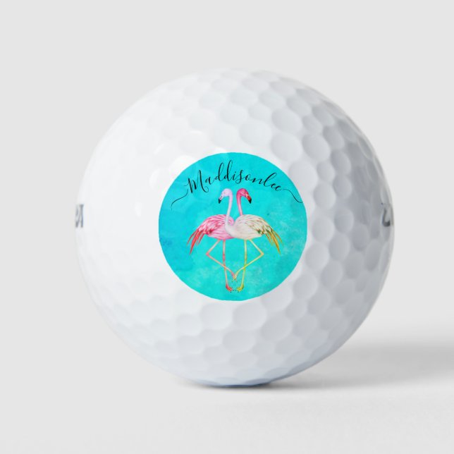 Monogram Name Two Pink Flamingos  Golf Balls (Front)