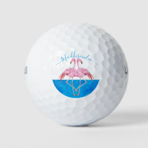 Monogram Name Two Pink Flamingos Golf Balls