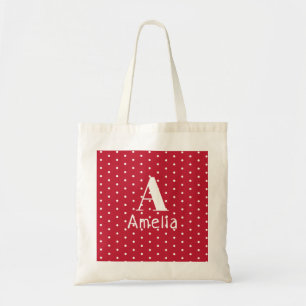 Monogram Name Typography Red Polka Dots Pattern Tote Bag