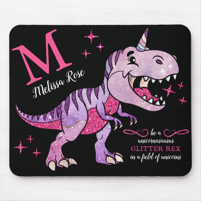 Monogram Name Unicornasaurus Glitter Rex Mouse Mat (Front)