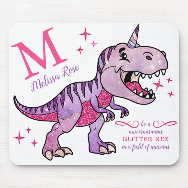 Monogram Name Unicornasaurus Pink Glitter Rex Mouse Mat (Front)