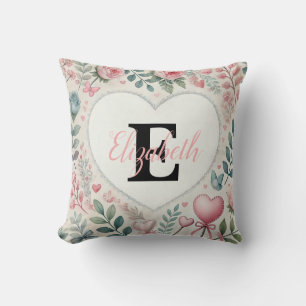 Monogram name Vintage hearts floral watercolor  Cushion