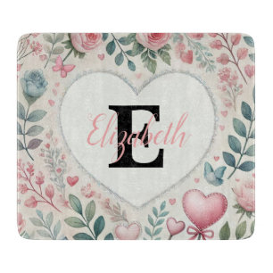 Monogram name Vintage hearts floral watercolor Cutting Board