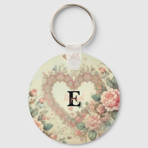 Monogram name vintage hearts floral watercolor  key ring