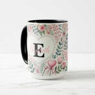 Monogram name Vintage hearts floral watercolor  Mug