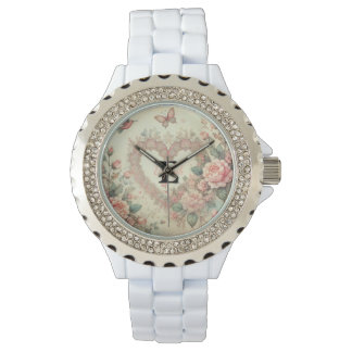 Monogram name vintage hearts floral watercolor  watch