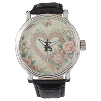 Monogram name vintage hearts floral watercolor  watch