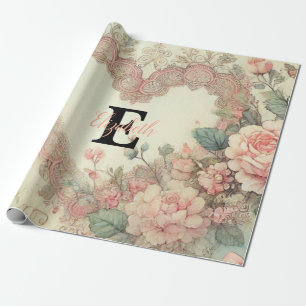 Monogram name vintage hearts floral watercolor wrapping paper