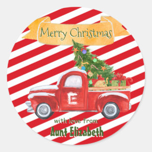 Monogram Name Vintage Red Truck Holiday Christmas Classic Round Sticker