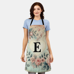 Monogram name vintage romantic hearts pink floral apron