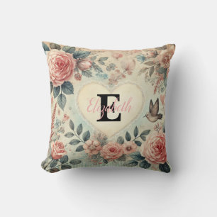 Monogram name vintage romantic hearts pink floral cushion
