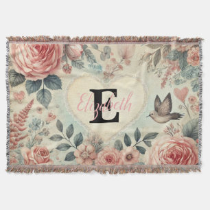 Monogram name vintage romantic hearts pink floral throw blanket