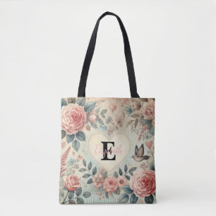 Monogram name vintage romantic hearts pink floral tote bag