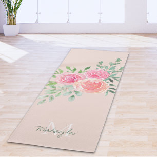 Monogram Name Watercolor Blush Pink Floral Yoga Mat