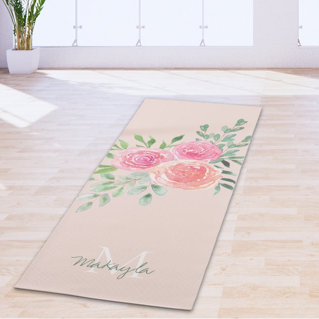Monogram Name Watercolor Blush Pink Floral Yoga Mat (Creator Uploaded)