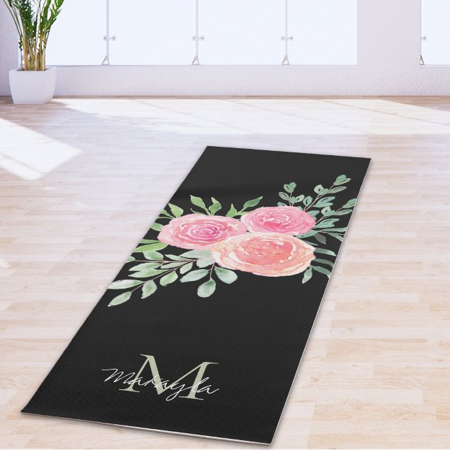 Monogram Name Watercolor Floral Black Yoga Mat (Creator Uploaded)