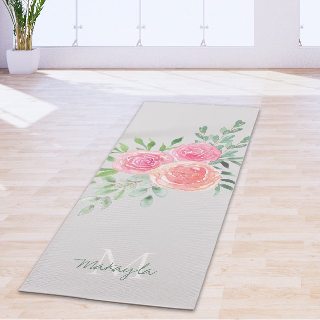 Monogram Name Watercolor Floral Grey Yoga Mat (Creator Uploaded)