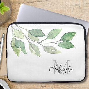 Monogram Name Watercolor Greenery Laptop Sleeve