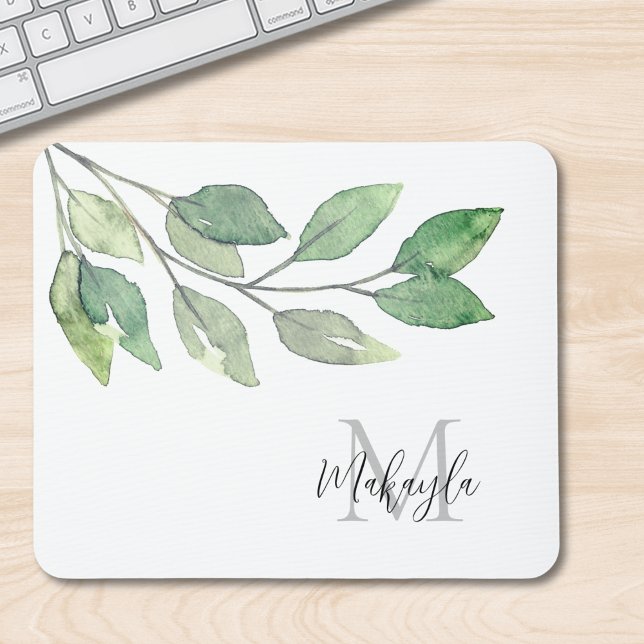 Monogram Name Watercolor Greenery Mouse Mat (Creator Uploaded)
