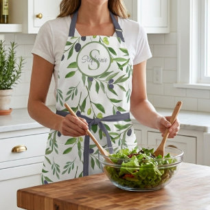 Monogram Name Watercolor Olive Pattern Apron