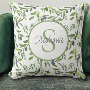 Monogram Name Watercolor Olive Pattern Cushion