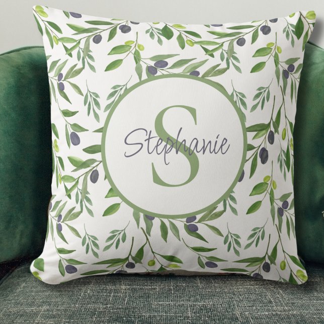 Monogram Name Watercolor Olive Pattern Cushion (Creator Uploaded)