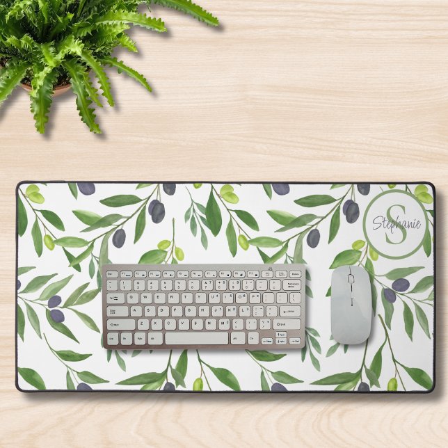 Monogram Name Watercolor Olive Pattern Desk Mat (Creator Uploaded)