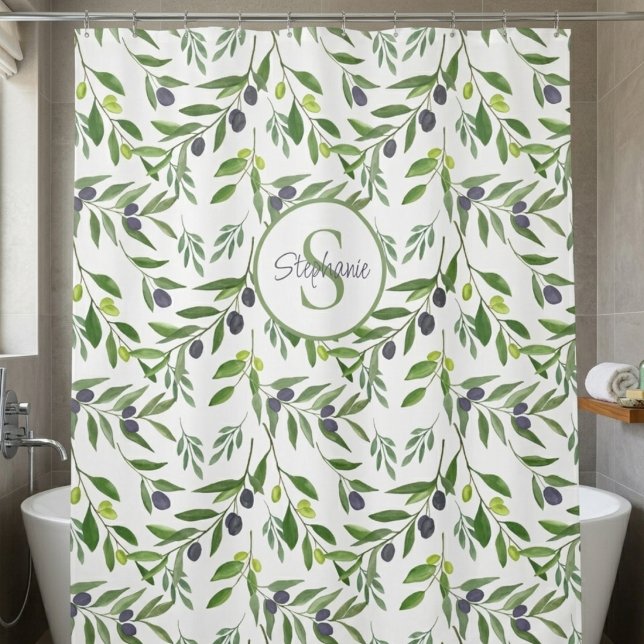 Monogram Name Watercolor Olive Pattern Shower Curtain (Creator Uploaded)