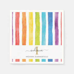 Monogram Name Watercolor Rainbow Colourful Stripes Napkin