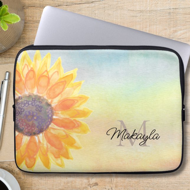 Monogram Name Watercolor Sunflower Laptop Sleeve (Creator Uploaded)