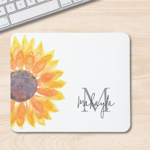 Monogram Name Watercolor Sunflower Mouse Mat