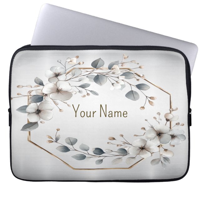 Monogram Name Watercolor White Flower Golden Frame Laptop Sleeve (Front)