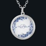 Monogram Name Wedding Gift Floral Blue Silver Plated Necklace<br><div class="desc">Monogram Name Wedding Gift Floral Blue Silver Plated Necklace. Unique,  beautiful,  stylish design. Easy to be personalised. Font style,  size and colours can be changed. Matching items available.</div>