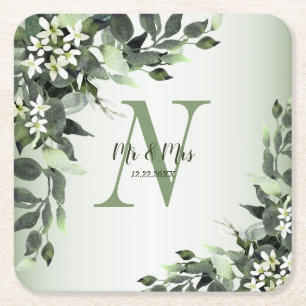 Monogram Name Wedding Greenery Floral Leaves Square Paper Coaster