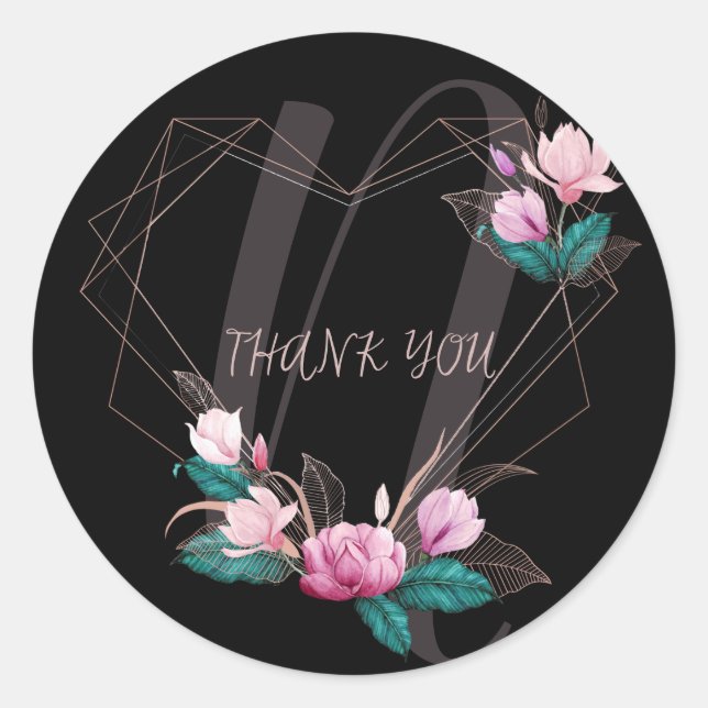Monogram Name Wedding Pink Floral Geometric Black Classic Round Sticker (Front)