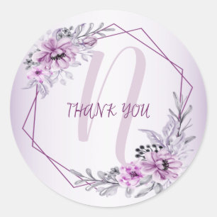 Monogram Name Wedding Pink Floral Violet Purple Classic Round Sticker