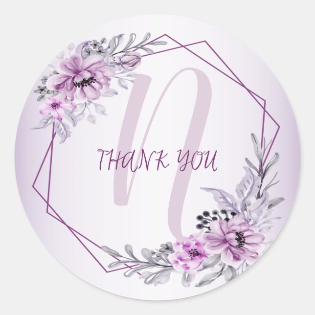 Monogram Name Wedding Pink Floral Violet Purple Classic Round Sticker (Front)