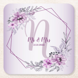 Monogram Name Wedding Pink Floral Violet Purple Square Paper Coaster