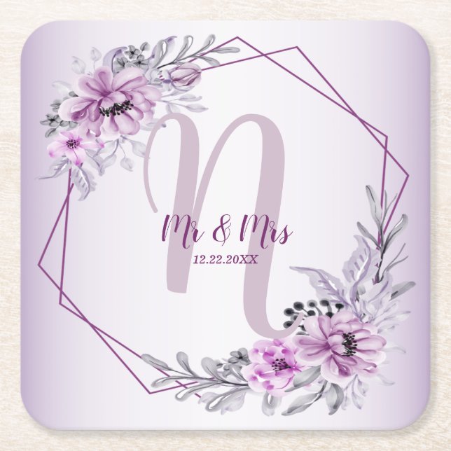 Monogram Name Wedding Pink Floral Violet Purple Square Paper Coaster (Front)