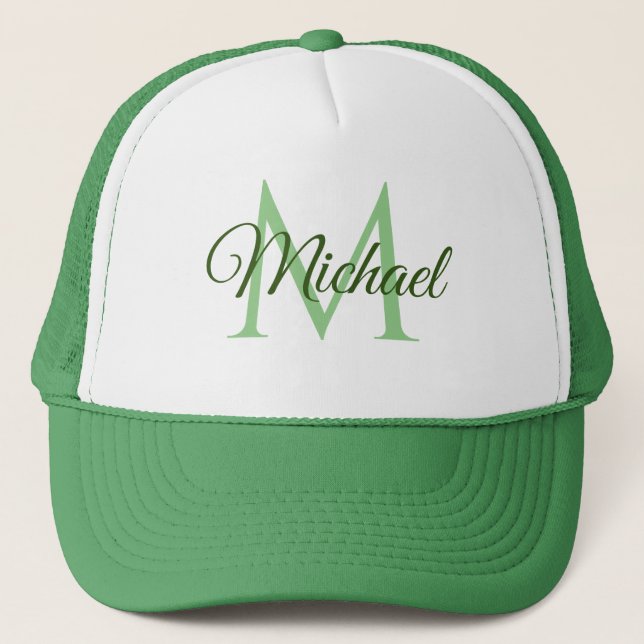 Monogram Name White And Green Unisex Baseball Cap (Front)
