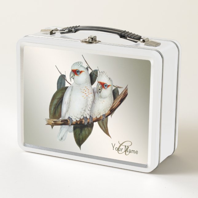Monogram Name White Birds Cockatoo Green Leaves Metal Lunch Box (Front)