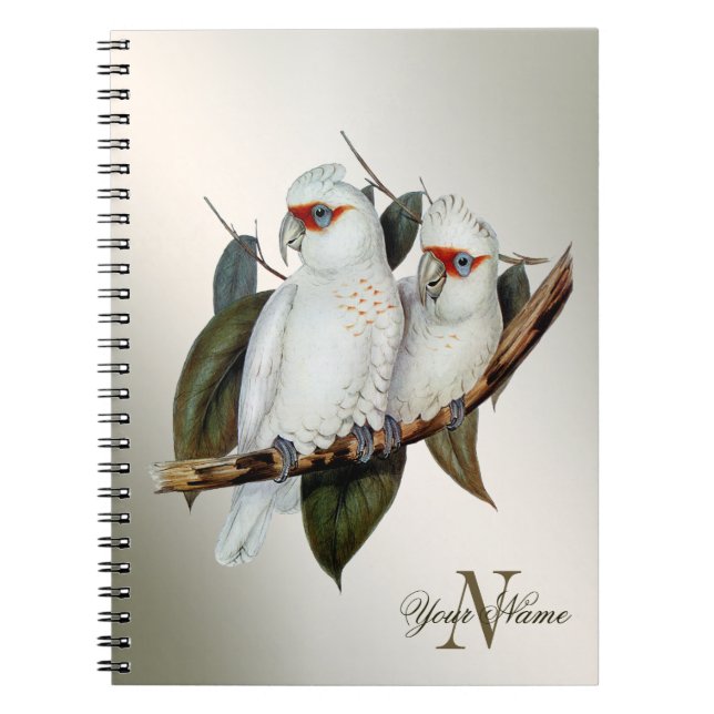 Monogram Name White Birds Cockatoo Green Leaves Notebook (Front)