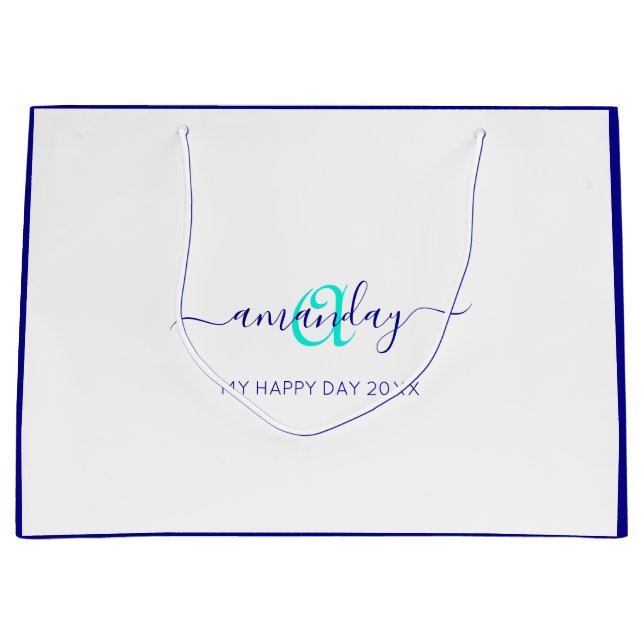 Monogram Name White Blue Bridal Sweet 16th Wedding Large Gift Bag (Front)