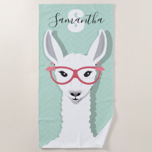 Monogram Name White Green Llama Flamingo Glasses Beach Towel