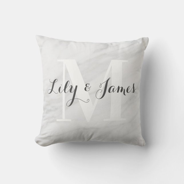 Monogram Name White Grey Marble Wedding Keepsake Cushion (Front)